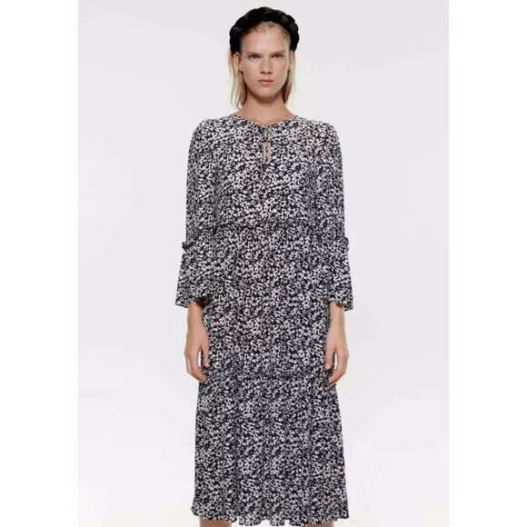Zara Dresses & Skirts - Zara white‎ black midi ruffle floral dresss size medium boho relaxed fit flowy